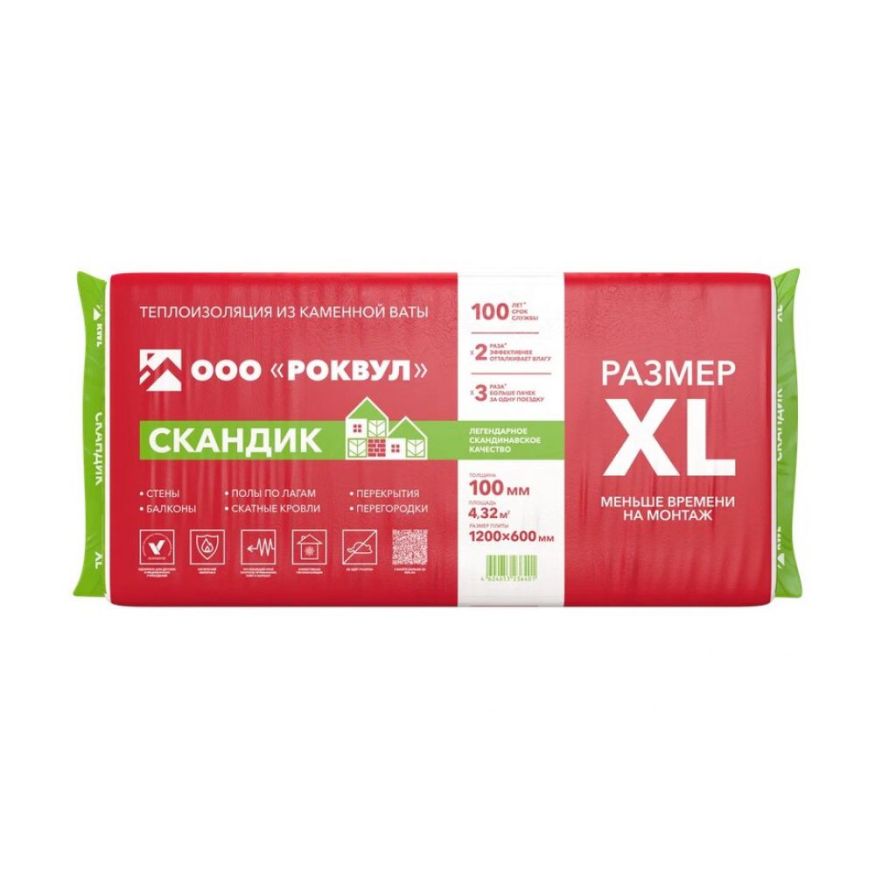 Утеплитель Роквул Скандик XL 100мм, 6 плит, 4.32м2, 600х1200мм, 0.432м3 Rockwool купить в Челябинске